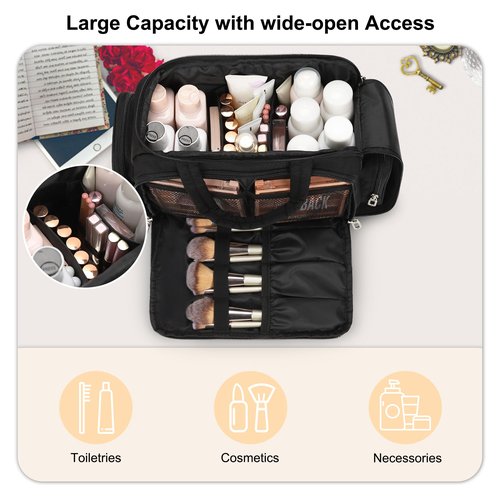 WGEAR Travel Toiletry Bag for Women, Lightweight Wide-open Toiletries Travel Bag with Handle, Large Cosmetic Organizer with Makeup Brushes Compartment for Essentials for Trip, Camping - Black