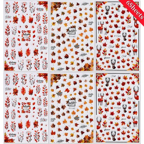 Fall Nail Art Stickers Decals 3D Autumn Maple Leaf Nail Stickers Self-Adhesive Nail Art Supplies 6PCS Autumn Leaves Deer Fall Nails Design Manicure Sliders for Women Thanksgiving Day Nail Decorations