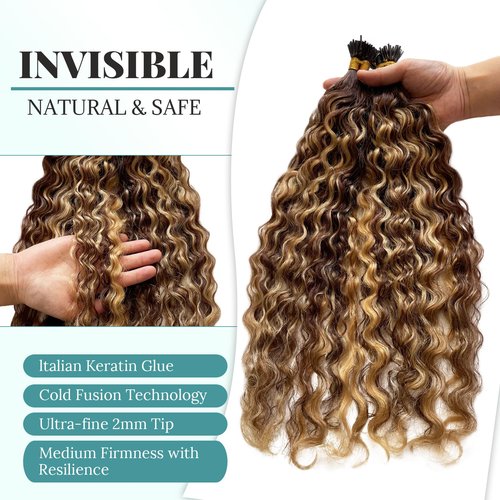 I Tip Human Hair Extensions 14inch 100 Strand 50G, Water Wave I Tips Hair Extensions Real Human Hair for Women Ombre Blonde Extensions I Tips Camel Brown Microlinks Cold Fusion I Tip Human Hair