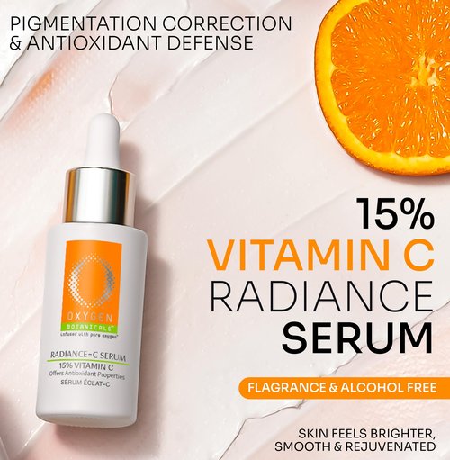 Oxygen Botanicals Radiance C Serum 15%, antioxidant formula to rejuvenate and protect the skin, minimizes dark spots, pigmentation and blemishes, alcohol-free-30ml
