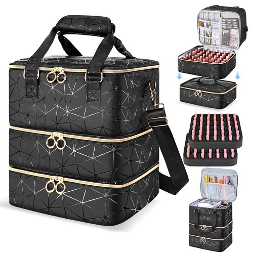 Nail Polish Organizer Case Holds 84 Bottles(15ml/0.5 Liquid Ounces) & Nail Lamp,3 Layers PU Leather Nail Supplies Storage Organizer Bag,Large Shoulder Strap Nail Polish Holder Travel Carrying Case.