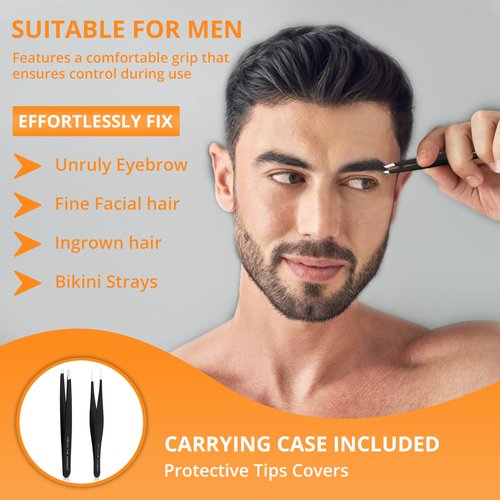 Tweezers Set: Stainless Steel Pointed and Slanted Tweezer for Eyebrows, Facial Hair, Ingrown Hairs and splinters. (2PCS)