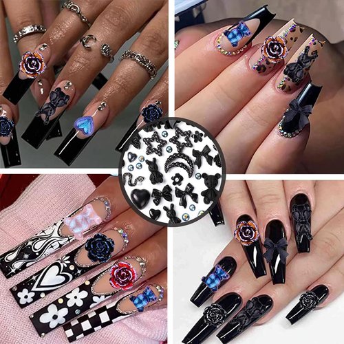 COOSLIM 110 Pieces 3D Nail Charms for Acrylic Nails, Camellia Rose Flower Butterfly Bowknot Heart Bear Rabbit Star Charms for Nail Art Designs DIY Accessories Craft(Black+2)
