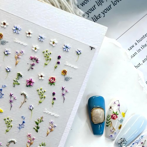 Dedyel Rural Wildflowers Nail Stickers 5D Embossed Wildflower Nail Stickers Spring Summer Red Yellow Blue White Flower Design Nail Art Decoration for Women Girls Kids