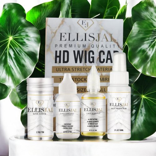 Get Your Glam On with the Complete ELLIS JAI Lace Wig Care Kit!" includes, 1 Max hold adhesive, 1 remover, 1 wax styling stick, and 1 full-size edge control with applicator stick.