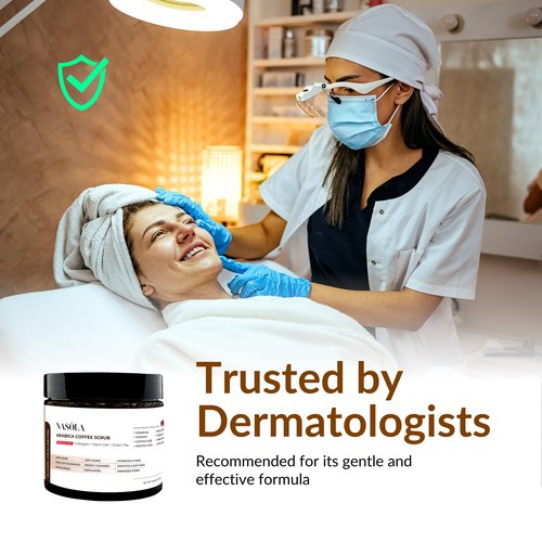 Nasola Arabica Coffee Body Scrub with Collagen, Green Tea & Stem Cell – Exfoliating Body Scrubber & Face Cleanser – Coffee Scrub for Wrinkles, Stretch Marks, and for Smoother Skin, 15.16 Oz