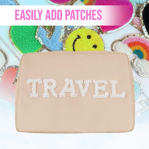 DANCOUR Makeup Bag with Compartments, Large Makeup Organizer, Travel Cosmetic Bag, Makeup Case, Cosmetic Bag for Women, Travel Pouch, Beige Makeup Bag with Dividers