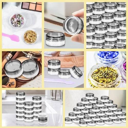MotBach 200 Pack 3g Plastic Jars with Lids, 3ml Round Clear Cosmetic Containers Makeup Jars, 3gram Travel Size Container Jar with Spatulas for Makeup Sample Lotion Cream Ointment Salve Balm Powder