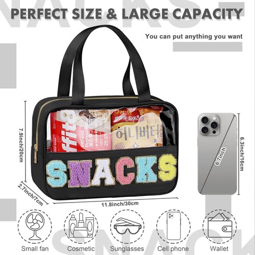 Snack Bag for Travel - Chenille Letter Clear Makeup Bag, Large Preppy Patch Snack Cosmetic Bag with Handle and Zipper, Cute Makeup Pouch Nylon&PVC Waterproof Toiletry Organizer Storage for Women