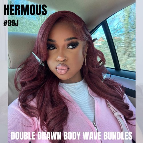 HERMOUS 13A Double Drawn 99J Dark Burgundy Human Hair Bundles Body Wave, Double Lifespan Than Regular Bundle Keep Silky & Soft After Washes Colored #99J Wine Single Bundles Raw Hair Quick Weave 12 IN