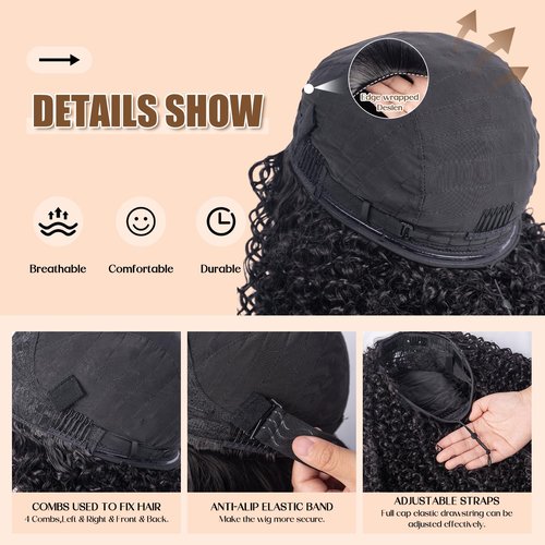 3 in 1 Half Wig Synthetic Hair, Seamless Flip Over Half Wigs Glueless Wear and Go Beginner Friendly Clip In Hair Drawstring Headband Wig for Women 1B, 16-26inch, Kinky Curly (24 inch)