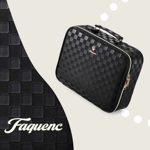Faquenc Makeup Bag with LED Lighted Mirror 12.2 IN Travel Makeup Bag Adjustable Brightness in 3 Colors Cosmetic Organizer Artist Storage Bag with Dividers Brush Holder Bag Vanity Black Checkerboard