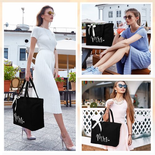 Cunno Bride Tote Bag with Makeup Bag, MRS Polyester Set for Women, Large Black, Wedding Gifts