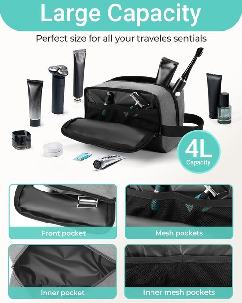 Elviros Travel Toiletry Bag for Men Hanging Dopp Kit Shaving Bag Toiletries Organizer Small Toiletry Bag for Traveling (Grey&Black,Large)