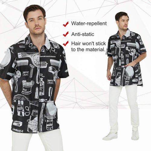 Men’s Barber Jacket and Vintage Print Stylist Grooming Smock- Professional Hair Dressing Apparel in Black