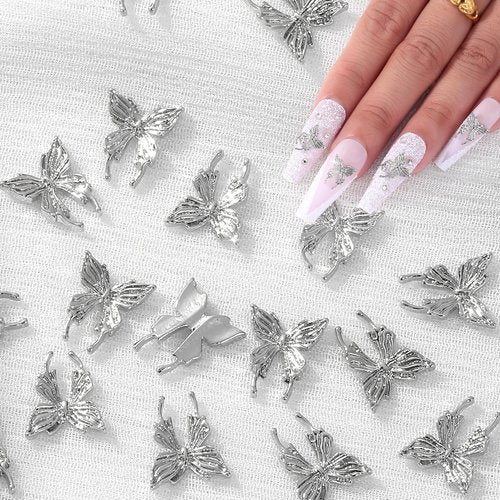 QPRETTY DU 3D Butterfly Nail Charms 100PCS Silver Metal Butterfly Nail and Gems Shiny Nails Art Decoration Supplies Accessories for Acrylic Nails DIY