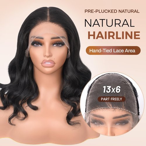Emistar 16 Inch Body Wave 13x6 HD Lace Front Wigs Blend Human Hair 180% Density Bob Wig Pre Plucked Short Bob Wigs for Black Women Glueless Frontal Wig Synthetic Hair Natural Black Loose Wavy