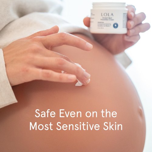 LOLA Stretch Mark Prevention Cream with Hydrating Body Oil for Skin Elasticity - Gentle Hypoallergenic Maternity Self Care Formula - Cocoa Butter Scar Cream & Collagen Support - 4 Fl Oz