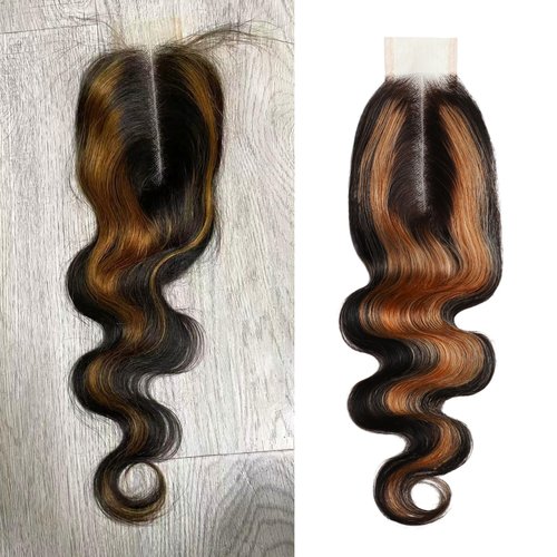 BQRIH F1B/30 Brown Highlighted 2x6 HD Closure Only Body Wave Human Hair 12 Inch, 12A 100% Virgin Remy Deep Middle Part Ombre Honey Blonde Highlight 2by6 Kim K Lace Closure Pre Plucked For Women Sew In