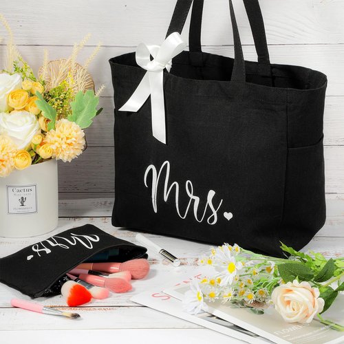 Cunno Bride Tote Bag with Makeup Bag, MRS Polyester Set for Women, Large Black, Wedding Gifts