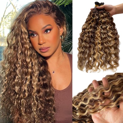 I Tip Human Hair Extensions 14inch 100 Strand 50G, Water Wave I Tips Hair Extensions Real Human Hair for Women Ombre Blonde Extensions I Tips Camel Brown Microlinks Cold Fusion I Tip Human Hair
