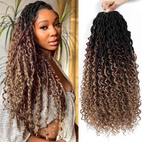 24 Inch Ombre Goddess Locs Crochet Hair 8 Packs Faux Locs Crochet Hair for Women 3 Tone River Locs Hair with Curly Ends Synthetic Style (#1B/30/27)