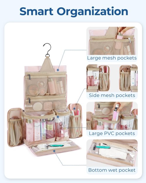 BAGSMART Travel Toiletry Bag, Extra Large Full-open Hanging Toiletry Bag for Women, Puffy Cosmetic Makeup Bag Organizer with Handle for Accessories, Essentials, Toiletries (Brown)