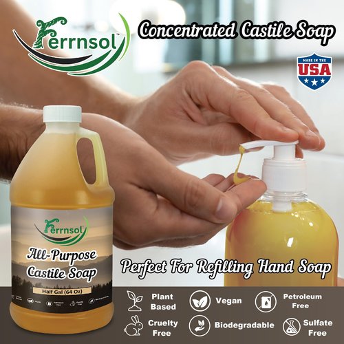 Ferrnsol AP Castile Liquid Soap (1/2-gallon) – Unscented, Fragrance-Free, Refill – Natural Multi-Purpose Soap for Home, Hands, and More – Gentle, Non-Toxic Formula – 64oz, Made in USA