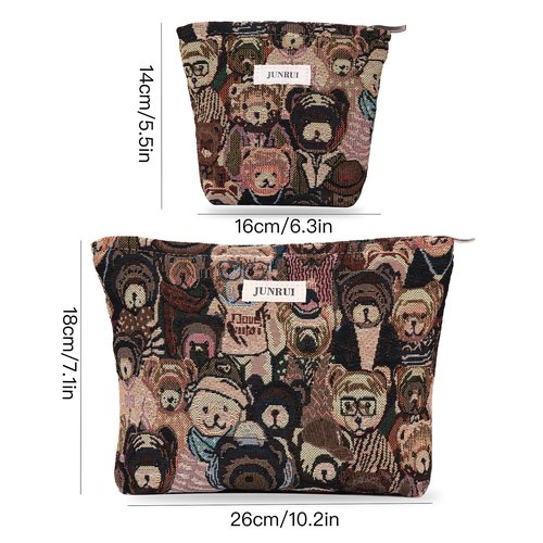 2PCS Makeup Bag Small Cute Cosmetic Bags for Women，Bear Pattern Travel Toiletry Bag for Purse, Large Canvas Cosmetic Pouch Makeup Organizer Tool Pouch with Zipper（Bear Brown）