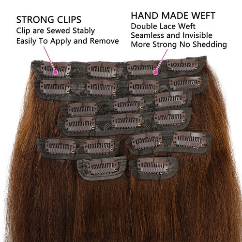 Brown Kinky Straight Clip ins 14 Inch Kinky Straight Clip in Hair Extensions Real Human Hair Brazilian Remy Human Hair Extensions for Women 8Pcs 100g Per Set with 20 Clips Double Weft Natural Black