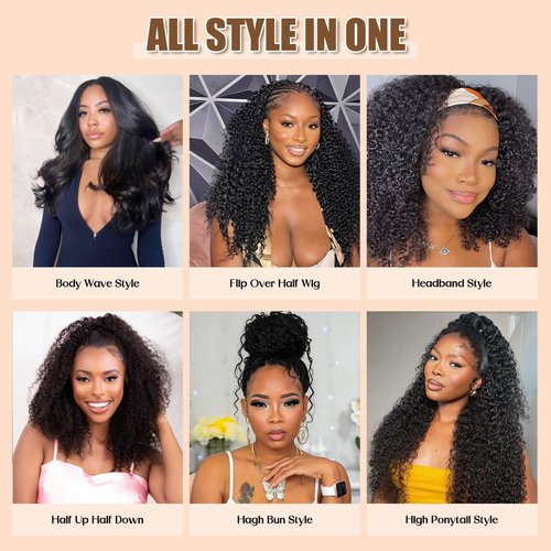 3 in 1 Half Wig Synthetic Hair, Seamless Flip Over Half Wigs Glueless Wear and Go Beginner Friendly Clip In Hair Drawstring Headband Wig for Women 1B, 16-26inch, Kinky Curly (24 inch)