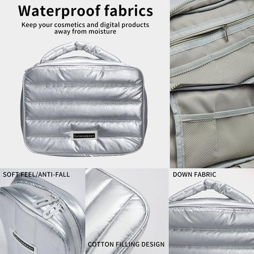 Cuteseason Shiny Puffy Makeup Bag Large Capacity Travel Water-proof Toiletry Bag Drop-proof Digital Product Organizer (Purple, L and M)