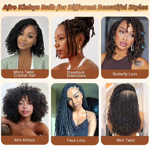 Afro Kinkys Bulk Human Hair 30g/pc For Braiding Dreadlock Extensions Create Repair Braid Micro Twist Afro Kinky Curly Human Hair Bundles Bulks Locs Extensions 1B Natural Black 8+8+8 3 bundles/pack