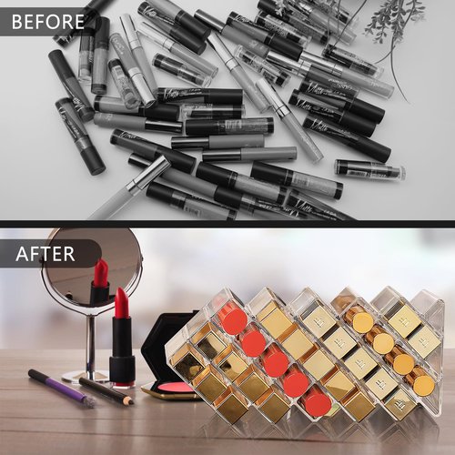 Hebaogugu Lipstick Organizer, 28 Slots Acrylic Lip Holder, Stackable Lip Gloss Organizer, Fish Lipstick Tower Holder Storage for Cosmetic Bathroom Vanity Countertop Display (28 Slots)
