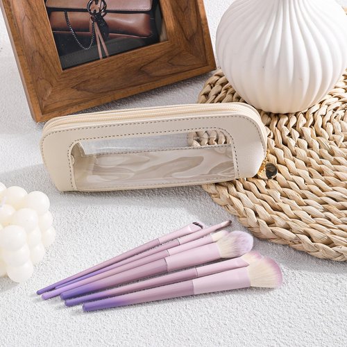 Psyqtsuary Small Clear Makeup Bag, PU Leather Travel Makeup Brush Case Portable Transparent Waterproof Cosmetic Organizer Pouch with Zipper for Women Home Travel Office Makeup Storage (White)