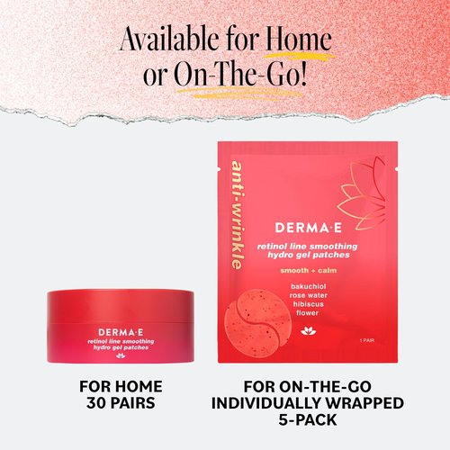 Derma E Retinol + Bakuchiol Under Eye Patches (30 Pairs) Non-Irritating, Line Smoothing Hydro Gel Eye Patches with Rose Water & Real Hibiscus Petals, Helps Reduce Fine Lines, Crow's Feet, 60ct