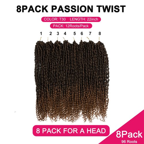 Passion Twist Hair - 8 Packs 22 Inch Passion Twist Crochet Hair For Women, Crochet Pretwisted Curly Hair Passion Twists Synthetic Braiding Hair Extensions (22 Inch 8 Packs, T30)