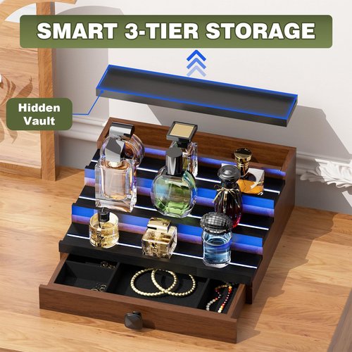 TIRYIUOU Perfume Cologne Organizer for Men: with LED Light 4 Tier Wooden Perfumes Stand, Desktop Parfum Holder Wood Display Shelf with Cabinet, Bedroom Makeup Lotion Jewelry Storage Rack with Drawer