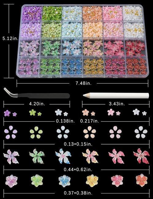 OPMADM 3000 Pcs 3D Flower Nail Charms and Gems 24 Grid Charms for Nails Design Colorful Nail Art Charms 4 Styles of Big and Small Flowers are Suitable for Spring and Summer