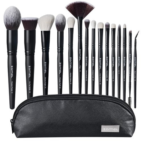 ZAMEL Professional Makeup Brush Set - 15pcs Labeled Black Foundation & Eyeshadow Brushes with Travel Case, Cruelty-Free Premium Synthetic hair Soft Bristles, Ideal for Women & Makeup Lovers