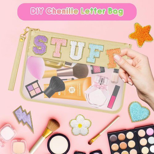 Morcheiong Nylon Clear Zipper Pouch with Wristlet Clear Travel Makeup Bag DIY Chenille Letter Bag Cosmetic Pouch Toiletry Bag for Women Girls (Beige)