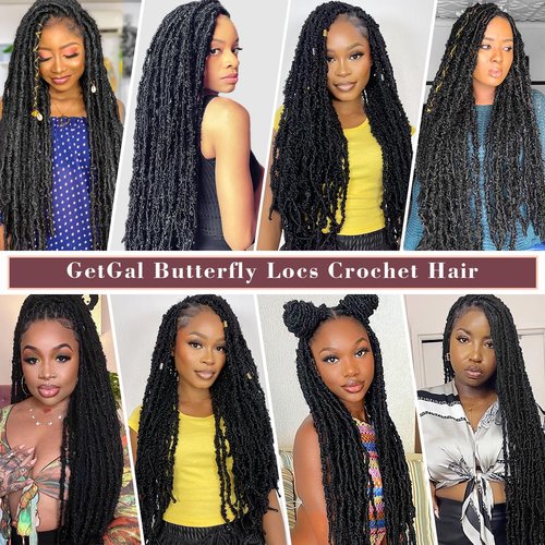 GetGal 24 inch Butterfly Locs Crochet Hair Pre Looped Distressed Faux Locs Crochet Hair for Black Women 6 Packs Butterfly Soft Locs Natural Hair Extension(24inch,1B)