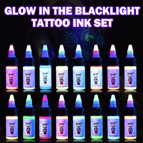 Ybeauty 16 Color Tattoo Ink Set - 16pcs 15ml/Bottle Professional Tattoo Fluorescent Ink & Equipment for Halloween Supplies