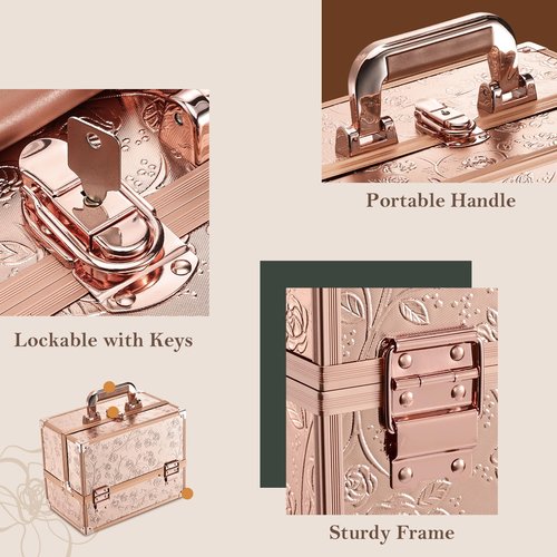 FRENESSA Makeup Case 11.8 Inch Makeup Organizer Case Large Cosmetic Box with Mirror Portable 3 Trays Travel Storage Box for Make Up Nail Tech Kits Cosmetology Case 3D Rose Gold Floral