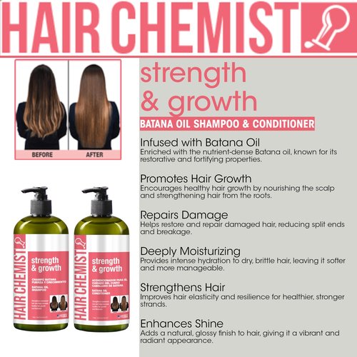 Hair Chemist Strength & Growth Batana Oil Shampoo and Conditioner Set 33.8 oz. (2-PC Set) - Batana Shampoo and Conditioner for Hair Growth, Thickening and Strength
