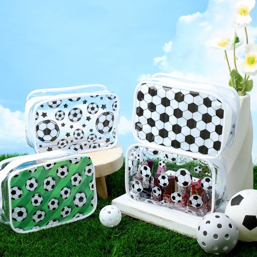 Meanplan 12 Pcs Soccer Theme Cosmetic Bag Clear PVC Makeup Bag Bulk Zippered Travel Toiletry Pouch Gift Accessories for Women Girls Birthday Party Favor Organizer
