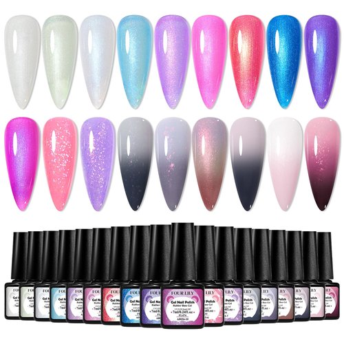 Four Lily 18 Colors Rubber Base Gel Set, Pearlescent Rubber Base Gel Polish for Nails Color Changing Builder Base Nail Gel Brocade 2-in-1 Soak Off Base Gel Nail Strengthener Gifts for Women