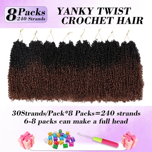 Yanky Twist Crochet Hair for black women 12 Inch 8 Packs 30 Stands/Pc,Pre-looped Fluffy Spring Mini Twist Passion Twist Black Ombre Brown Synthetic Crochet Braids Braiding Hair(12 Inch, OT30-8P)