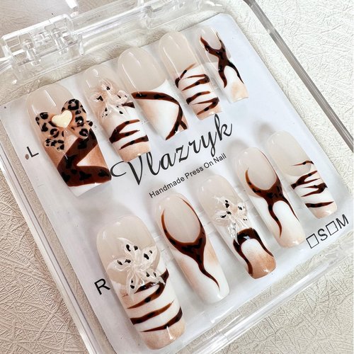 Handmade Press on Nails with Charms - Long Square French False Nails, Stars, Leopard, 3D Flower Embossed Designs for Women & Girls, Nail Kit