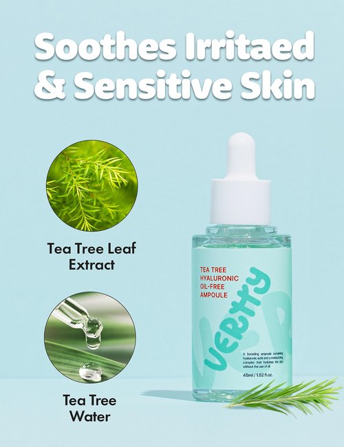 Vertty Tea Tree Hyaluronic Oil Free Ampoule | Hydrating, Moisturizing, Redness Relief Serum | Blemish Skin Corrector Serum | Non-Comedogenic Moisturizer for face | Long-lasting Hydration (1.5oz)